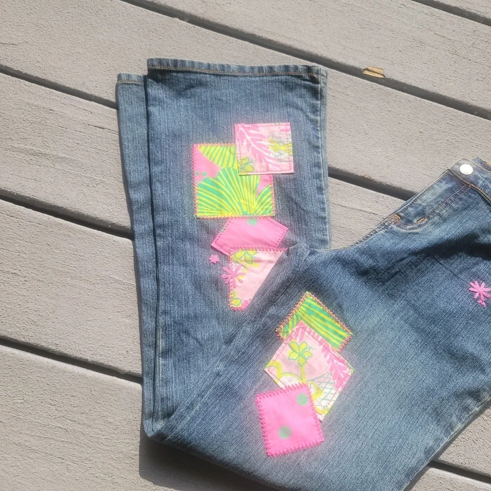 RARE Lilly Pulitzer Little Girl's Fabric Patchwork Embroidered Jeans 14 EUC